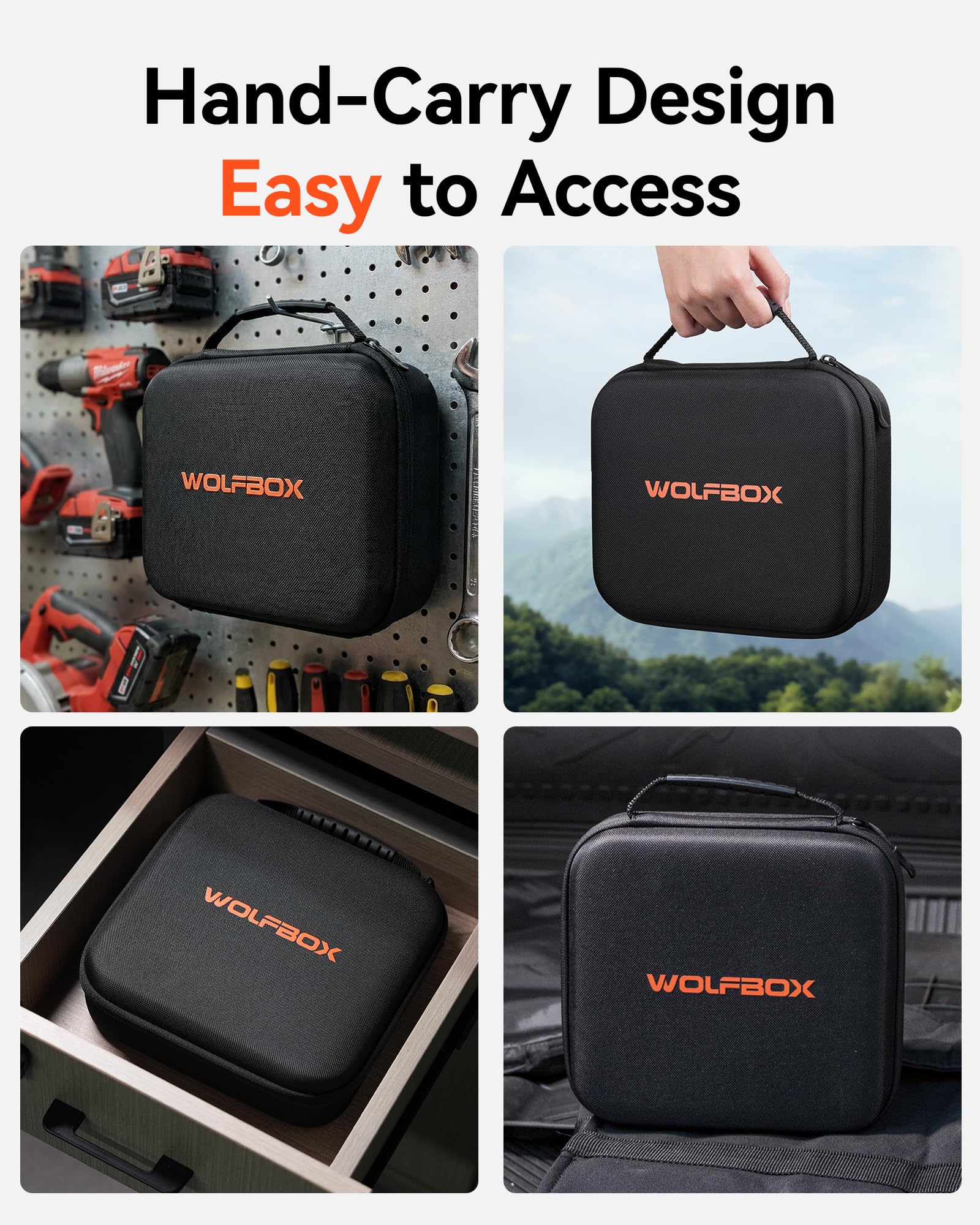 WOLFBOX Harte Tragetasche, kompatibel mit MF50 MF100 MF60 MF70 elektrischer Luftstaubwedel, stoßfeste schützende Reise-Aufbewahrungstasche für Druckluftgebläse & Zubehör, spritzwassergeschützt (SB100
