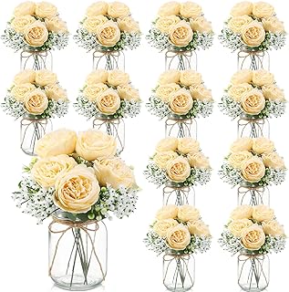 Zeyune 12 Sets Mason Jar Centerpiece Table Decorations, Artificial Peony...