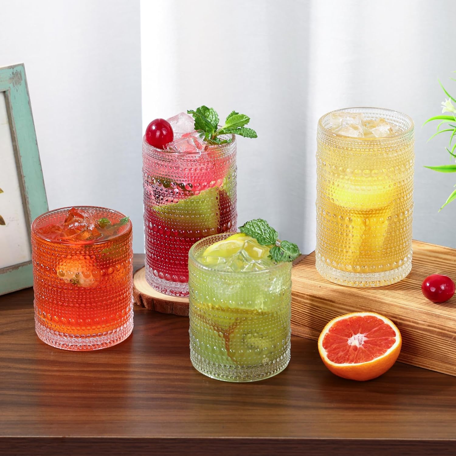 Moretoes Hobnail Drinking Glasses Set of 6, 12 Oz Highball Glasses & 10 Oz Cocktail Glasses, Clear Embossed Boho Glass Cups Kitchen Bar Tumbler Glassware Set for Whiskey, Beer, Juice, Milk (Clear) - Image 2