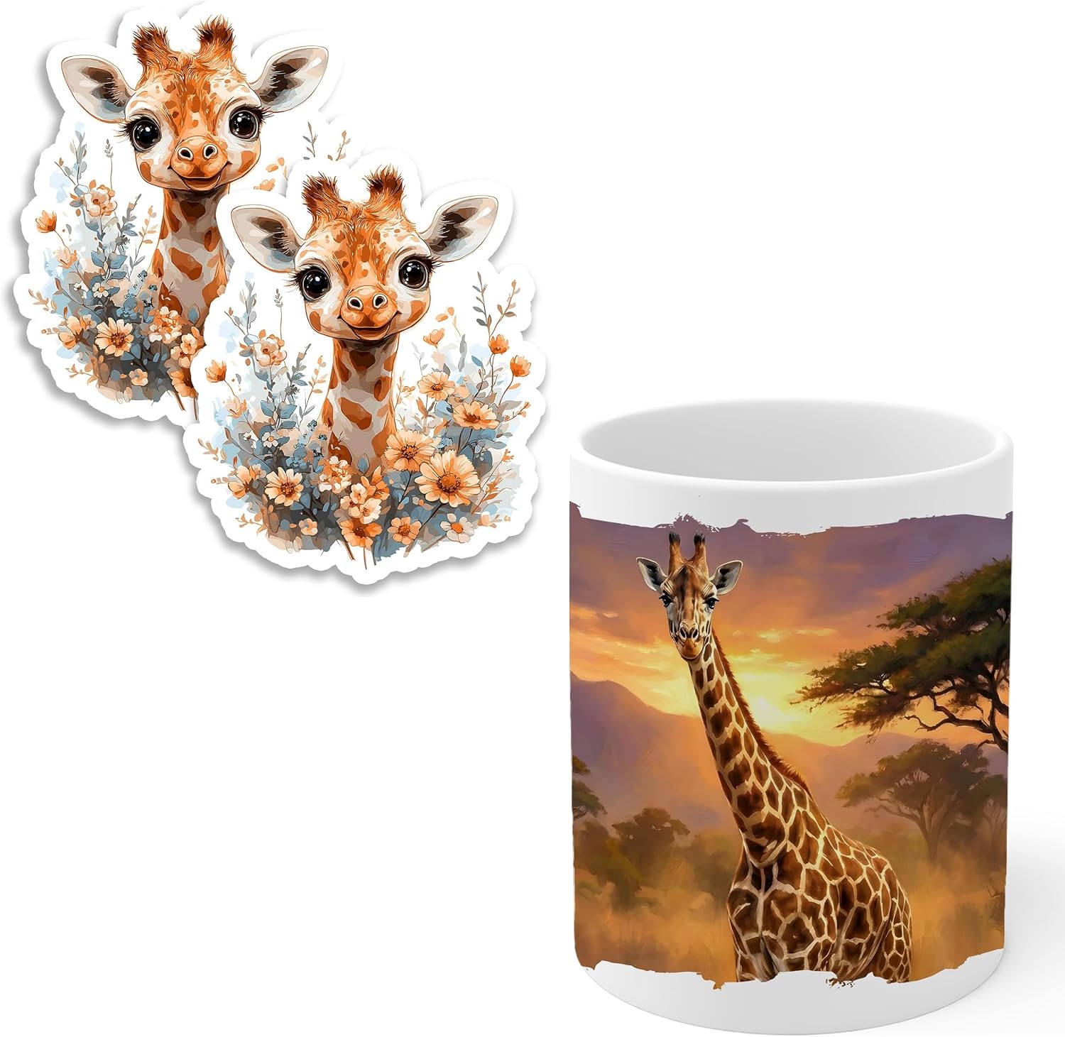 Giraffe Vinyl Fridge Magnet 4in 2-Pack & Mug 11oz Matching Bundle Gift Set