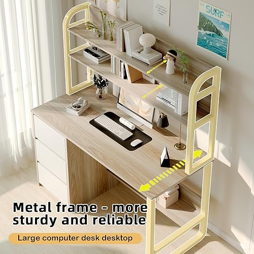 Miniatura 5 de Escritorio de 60 pulgadas con cajones, escritorio de computadora con gabinete para dormitorio, escritorio de estudio para espacios pequeños,