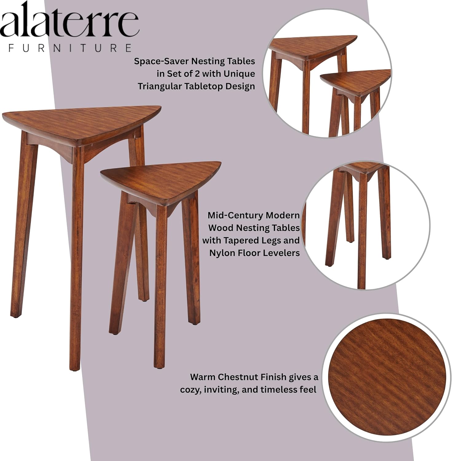 Alaterre Furniture Monterey End Tables – Set of 2 Triangular Nesting Tables – Mid-Century Modern Space-Saving Nightstand & Accent Table for Living Room or Bedroom (Warm Chestnut)