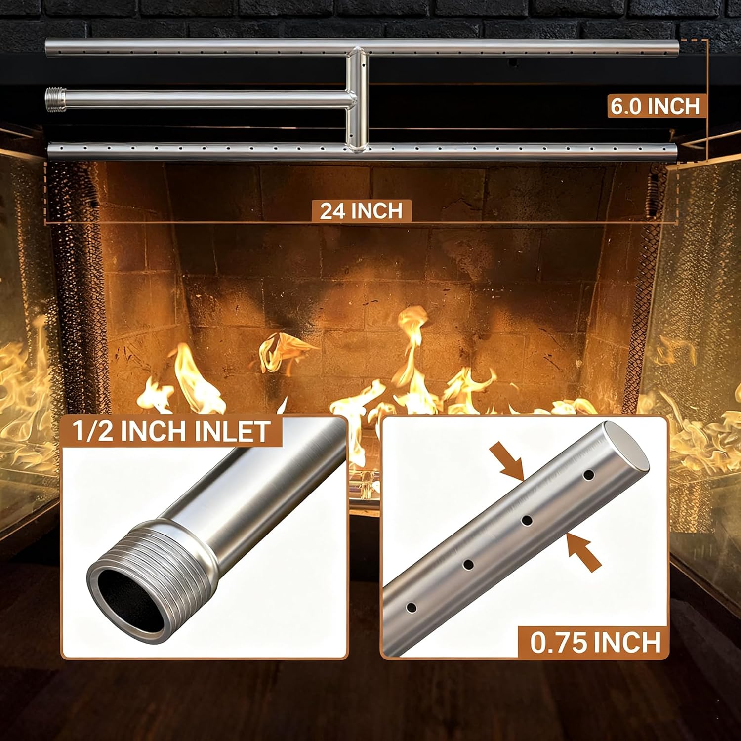 MCAMPAS 24 x 6 Inch 304 Stainless Steel Fire Pit Burner, Compatible with Natural Gas and Propane, Includes Brass Fittings & Flexible Line for Indoor/Outdoor Fireplace Fire Table DIY