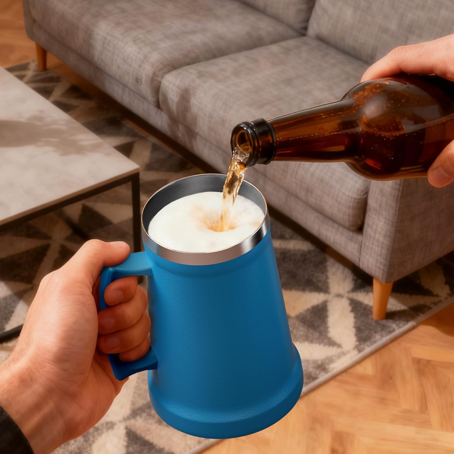 Ideus Insulated Beer Stein, 24/32oz Stainless Steel Double Walled Beer Mug Giant Bar Drinkware Metal Beer Cup with Big Grip Handle (Cerulean, 34oz (1,000ml))