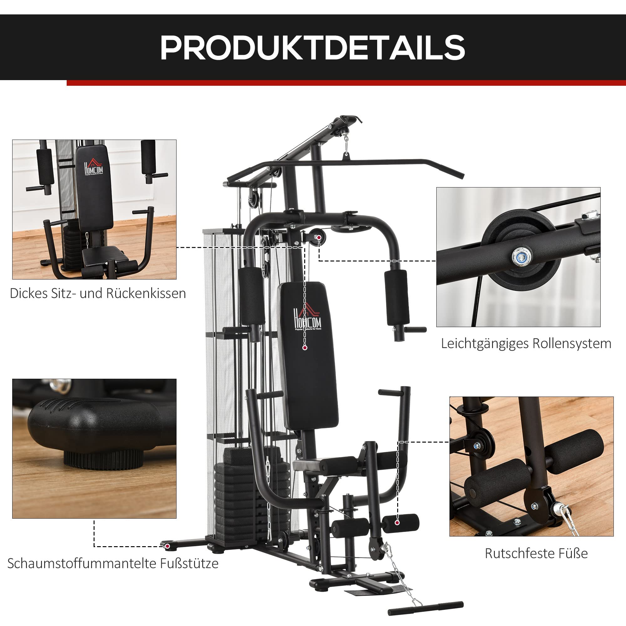 HOMCOM Kraftstation Fitnessstation Fitnessgerät bis 120kg Multifunktion Krafttraining Multistation Trainingsstation mit Latzug Butterflystange 45kg Gewichten Seil, Fitnessgeräte für Zuhause