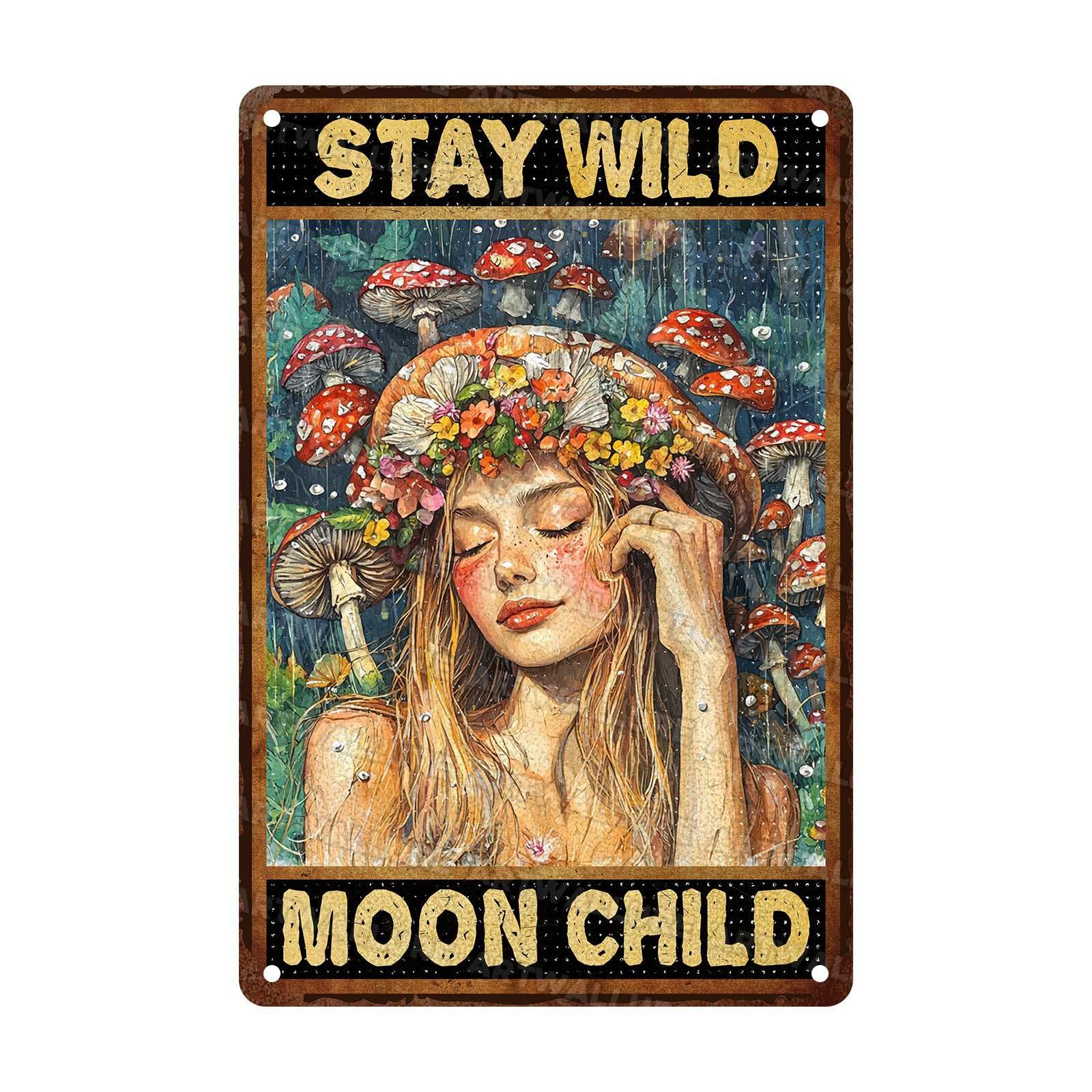Girl Tin Sign Wild Moon Vintage Metal Sign Mushroom Wall Art Plaque for Home Bar Bedroom Man Cave Office 8x12Inch
