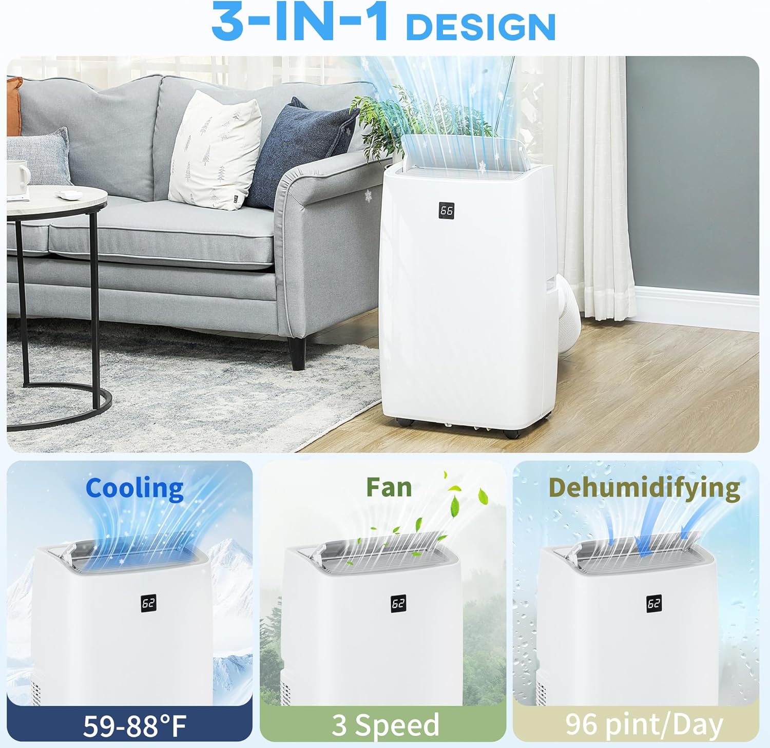 3-in-1 design of the portable AC unit showing cooling, fan, and dehumidifying modes