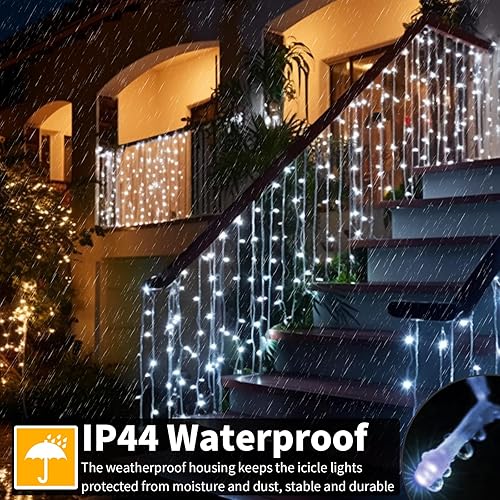 Miniatura 6 de 600 luces LED de carámbano de Navidad enchufables, 49 pies + 16 pies de cadena de luces colgantes con control remoto, 8 modos de luces parpadeantes