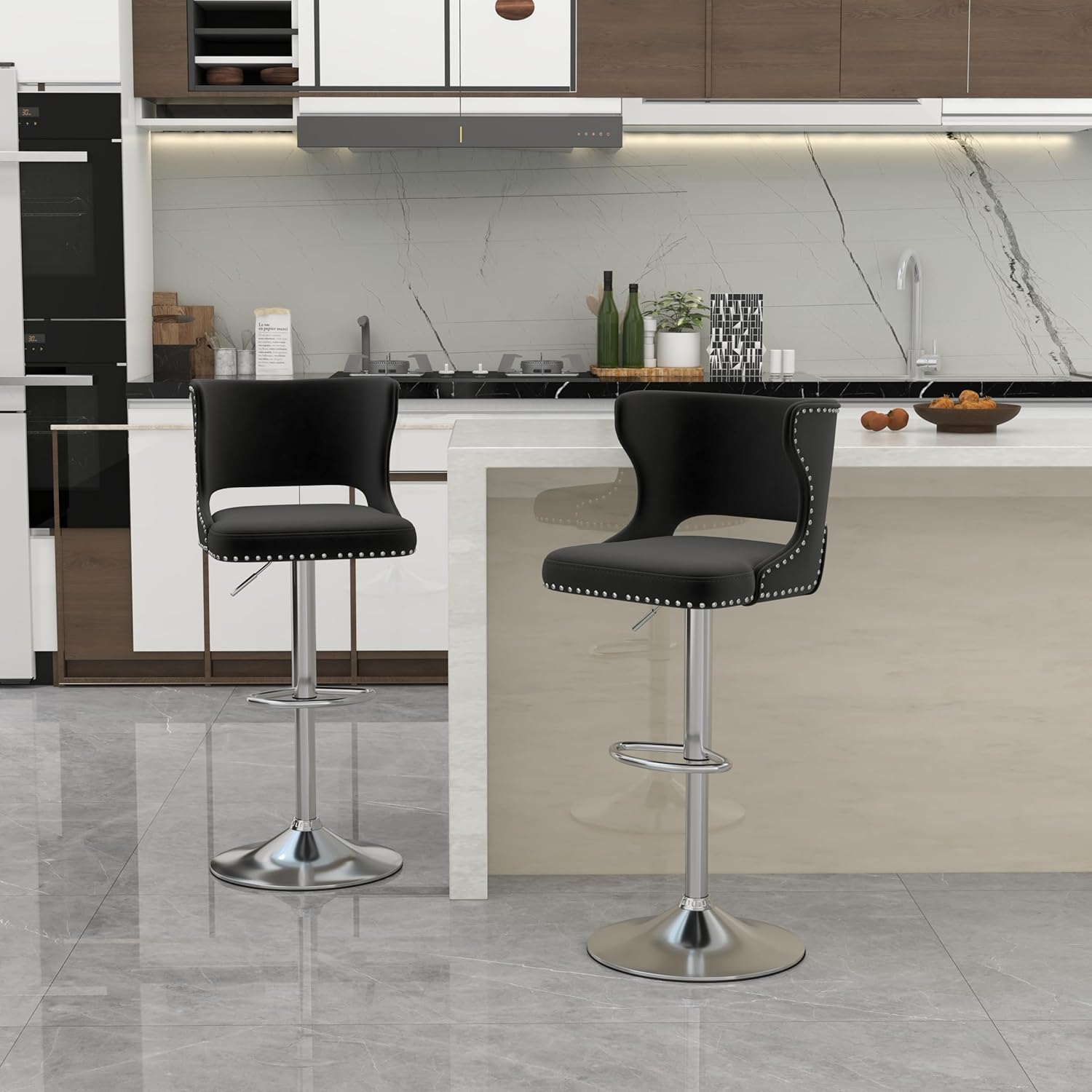 ABET Bar Stools Set of 2, Velvet Swivel Island Chairs, Adjustable Silver Barstools with Hollow Back and Footrest, Upholstered Counter Height Stool Chairs for Kitchen Island Dining Room Home, Black
