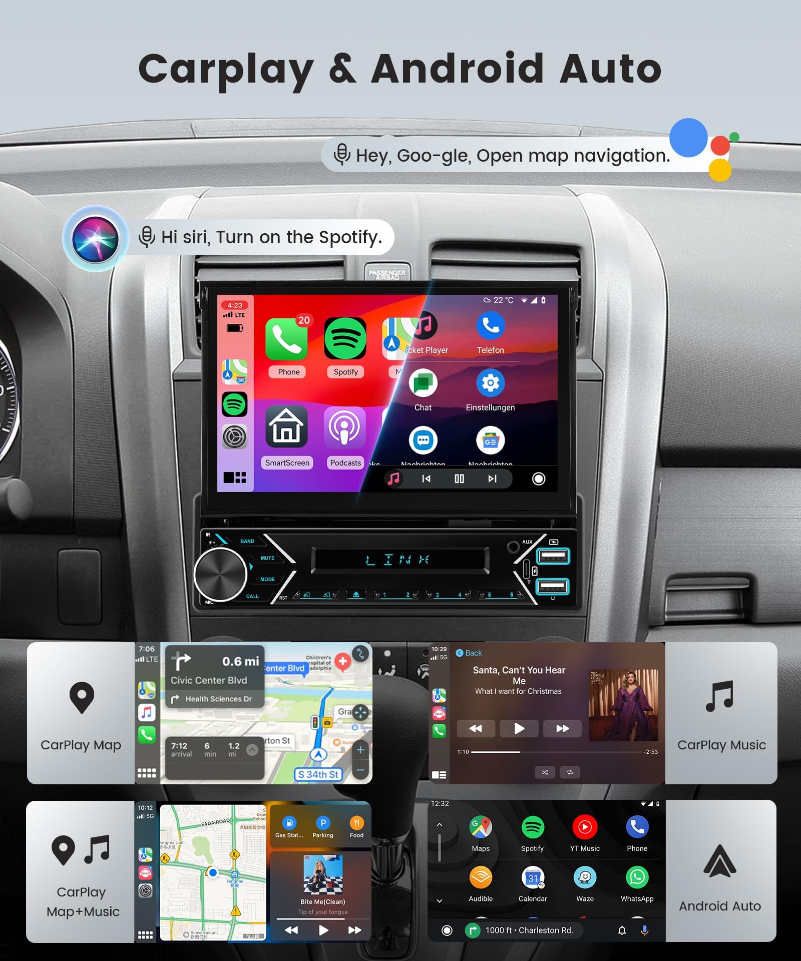 Radio para Coche Dab+ de un Solo DIN con CarPlay inalámbrico Android Auto, Radio con Pantalla retráctil automática de 7", Radio 1 DIN BT/Control del Volante/Enlace de Espejo/EQ/USB-C+Cámara Trasera