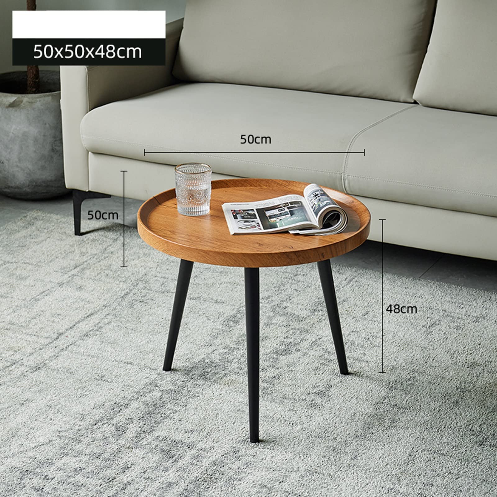 Elegante mesa auxiliar redonda de metal con bandeja extraíble, 50 cm, color marrón, mesa auxiliar versátil para interiores y exteriores, para bebidas y teléfonos, disponible en opciones de 40/50/60 cm