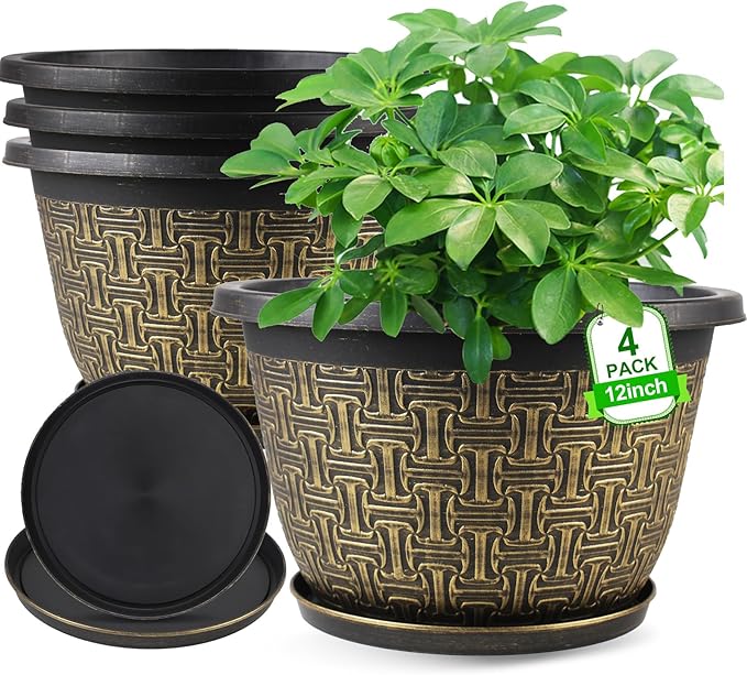 4 Pack 12 Inch Plant Pots,Large-Plant-Flower-Planters-Plastic, Flower Pots Outdo