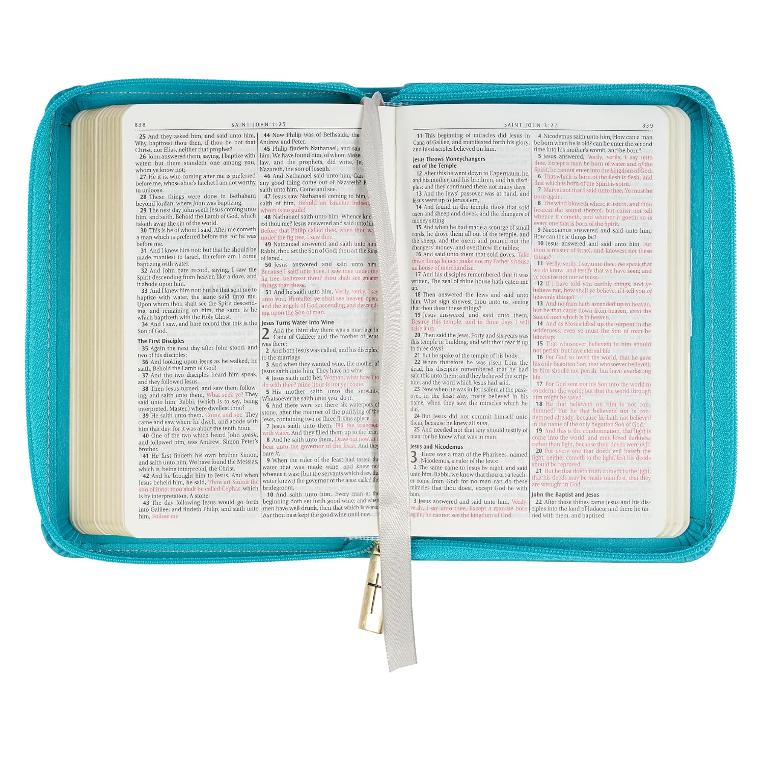KJV Holy Bible, Mini Pocket Size, Red Letter Edition, Reading Plan, Thematic Verse Finder, Ribbon Bookmark, King James Version, Vegan Leather, Aqua, Zipper Closure, 6.2" x 4.3" (KJV Pocket Editions)