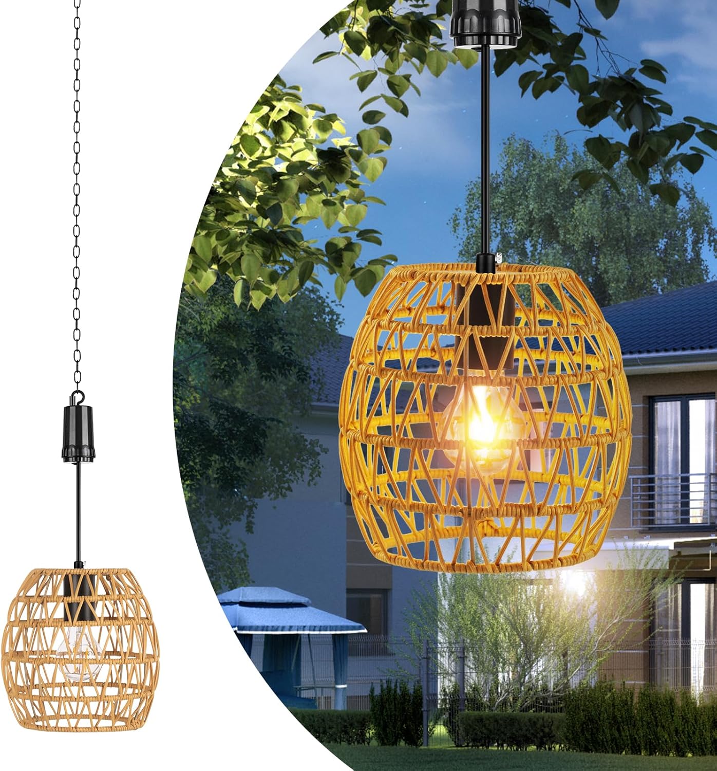 Larekook 6 Hours Timer Battery Operated Outdoor Hanging Light Rattan Woven Waterproof Porch Gazebo Patio Pendant Lantern Chandelier Lighting Decorative Hollow-Out Auto On/Off Warm White Bulb Style1?Battery Operated?