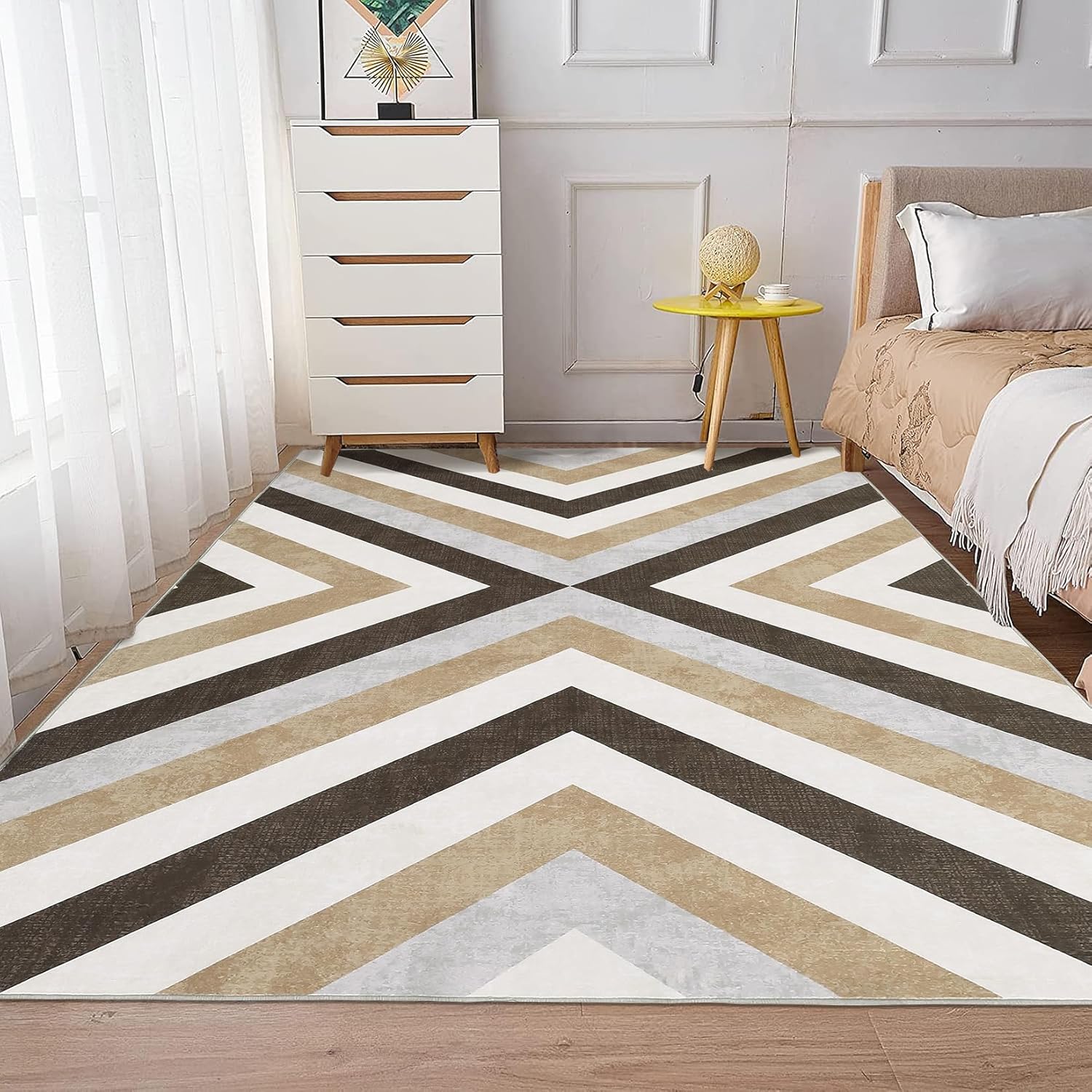 Area Rug 9x12 Modern Rugs for Living Room Non Slip Large Rugs for Bedroom Machine Washable Geometric Area Rug Vintage Carpet for Office, Dining Room, Indoor,Brown Brown 9x12