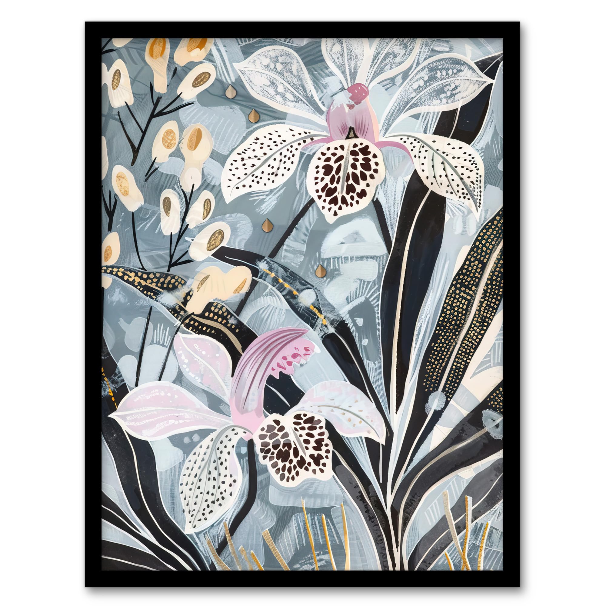 Artery8 Orchid Flowers Artwork Exotic Dark Floral Bloom Living Room Artwork Framed Wall Art Print A4