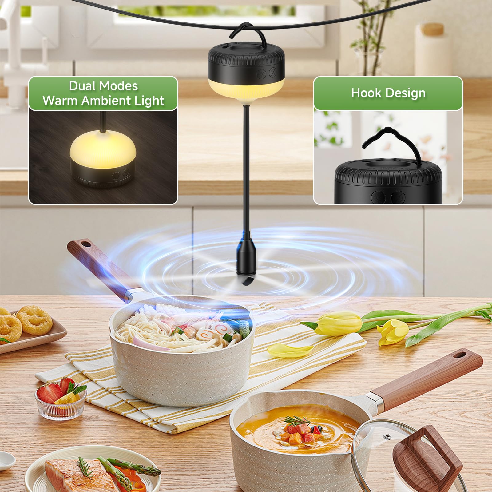 PKBD 2 Pezzi Scacciamosche da Tavolo con LED Bianco Caldo e Pale Morbide | Ventilatore Anti Mosche da Interno Portatile a Batteria, Ideale per Cucina, Terrazza, Campeggio, Nero