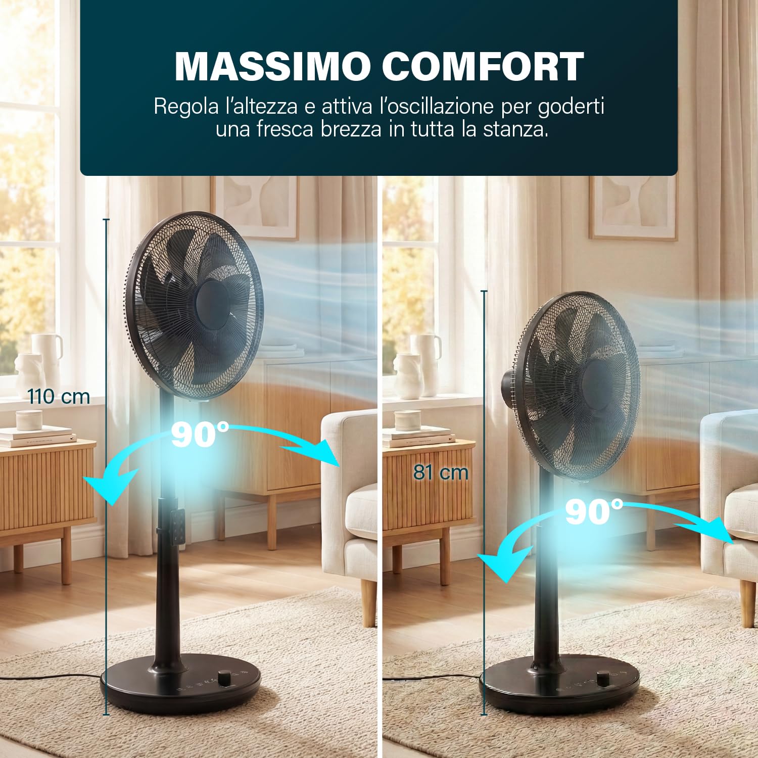 Princess Ventilatore a piantana - Design elegante - 30 W - Potente, Silenzioso, Basso consumo - Diametro: 40 cm - Oscillante - 24 velocità - 354860