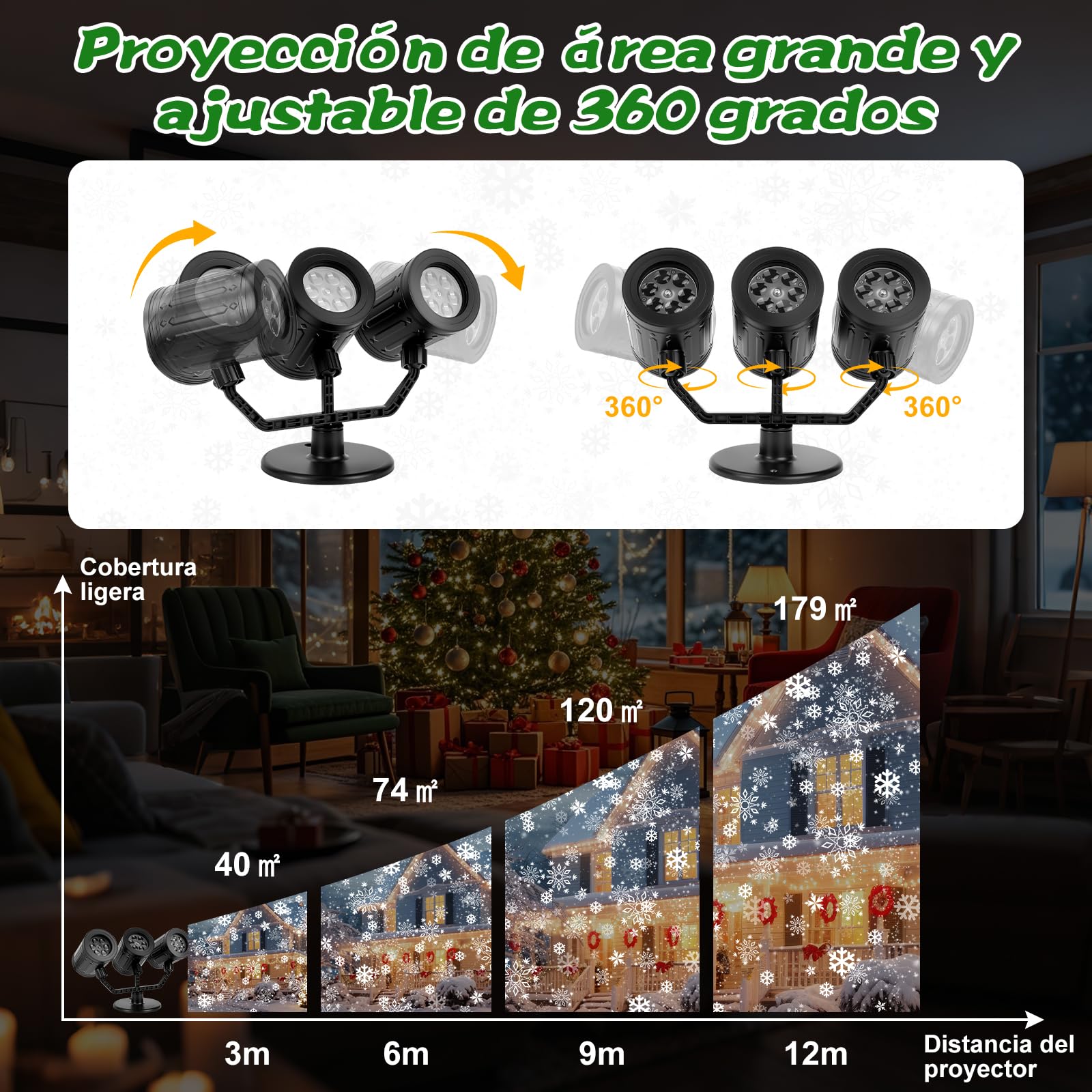 Herefun Proyector Navidad de Copos de Nieve, tres Cabezas Proyector Dinámica navidad exterior con Temporizador, Resistente al Agua, Decoración Navidad Para Paredes Casas Jardines Entrada