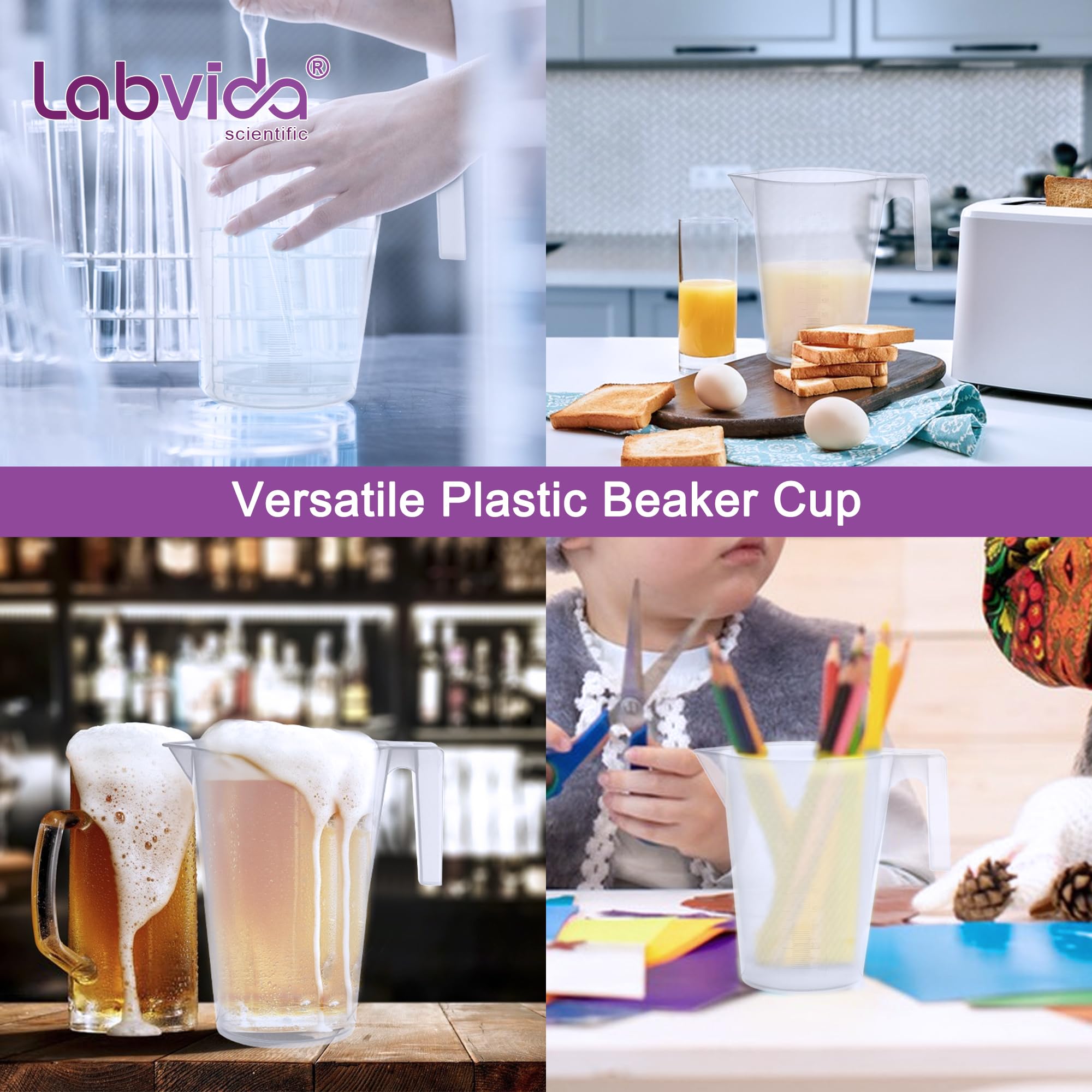 LVB009 - Juego de vasos medidores, 4 tamaños, 1000 ml, 2000 ml, 3000 ml, 5000 ml, material PP con graduación moldeada, LVB009