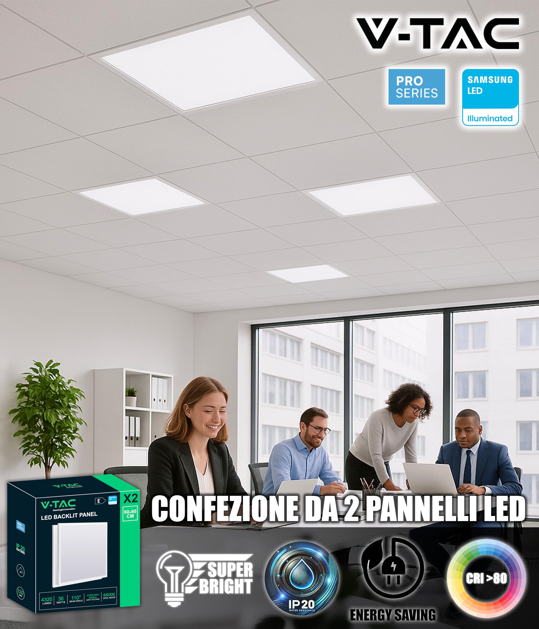 V-TAC 2x Pannelli LED da Incasso 36W con Chip Samsung - 60 x 60 cm - Lampada Quadrata - 4320 Lumen - IP20 - per Soffitto, Ufficio, Casa, Negozio - Plafoniera - Luce 6500K Bianca Fredda