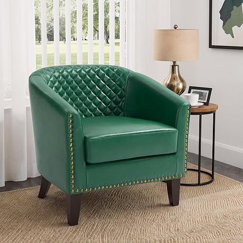 Miniatura 7 de Pia Ricco Juego de 2 sillas de barril de piel sintética, modernas y cómodas, sillas de club tapizadas con ribete de cabeza de clavo, sofá individual