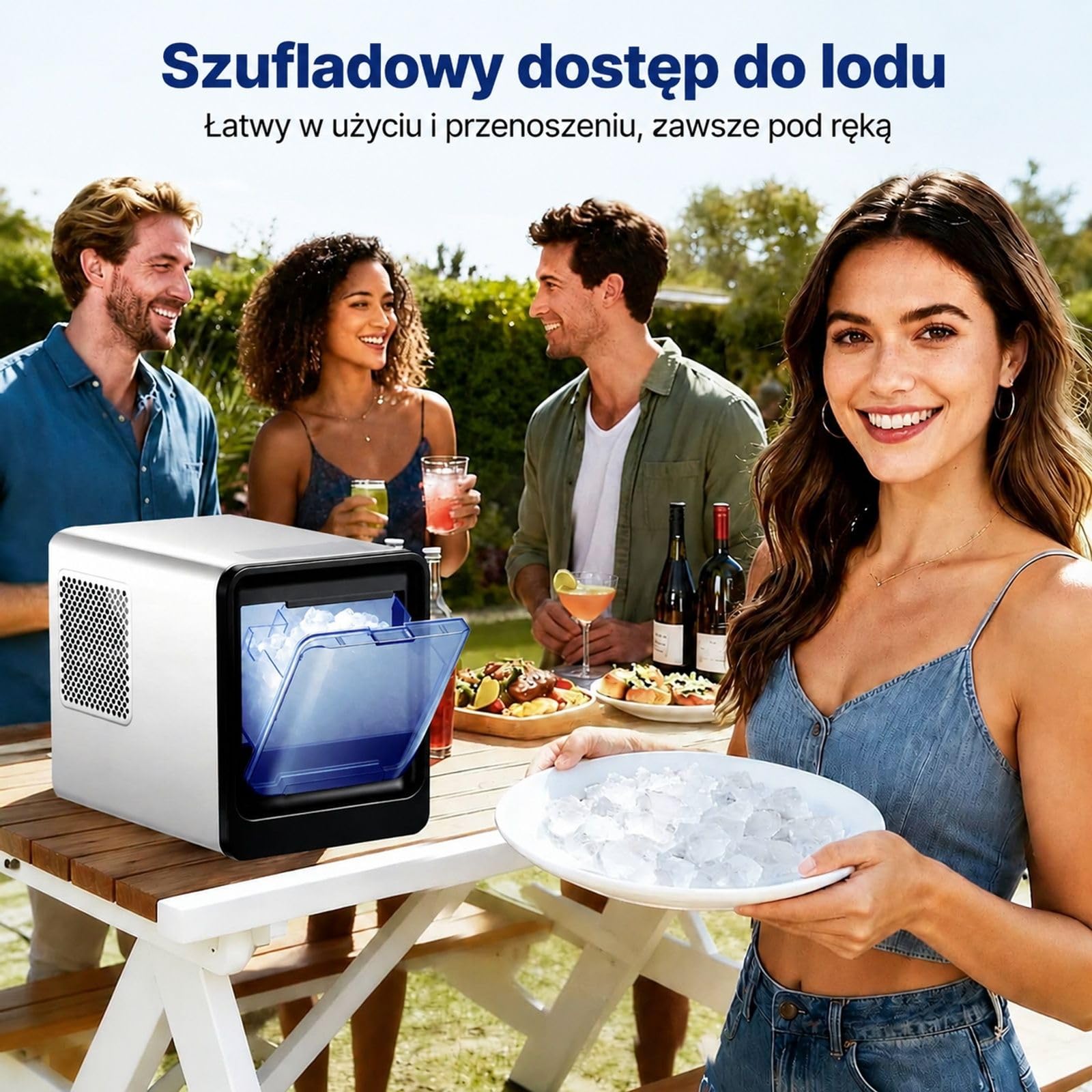Stołowa kostkarka do lodu, wydajność 15 kg dziennie, kostki do żucia, zbiornik wody 0,8 l, obudowa ze stali nierdzewnej, samoczyszczenie, łopatka, do domu, kuchni, biura i baru