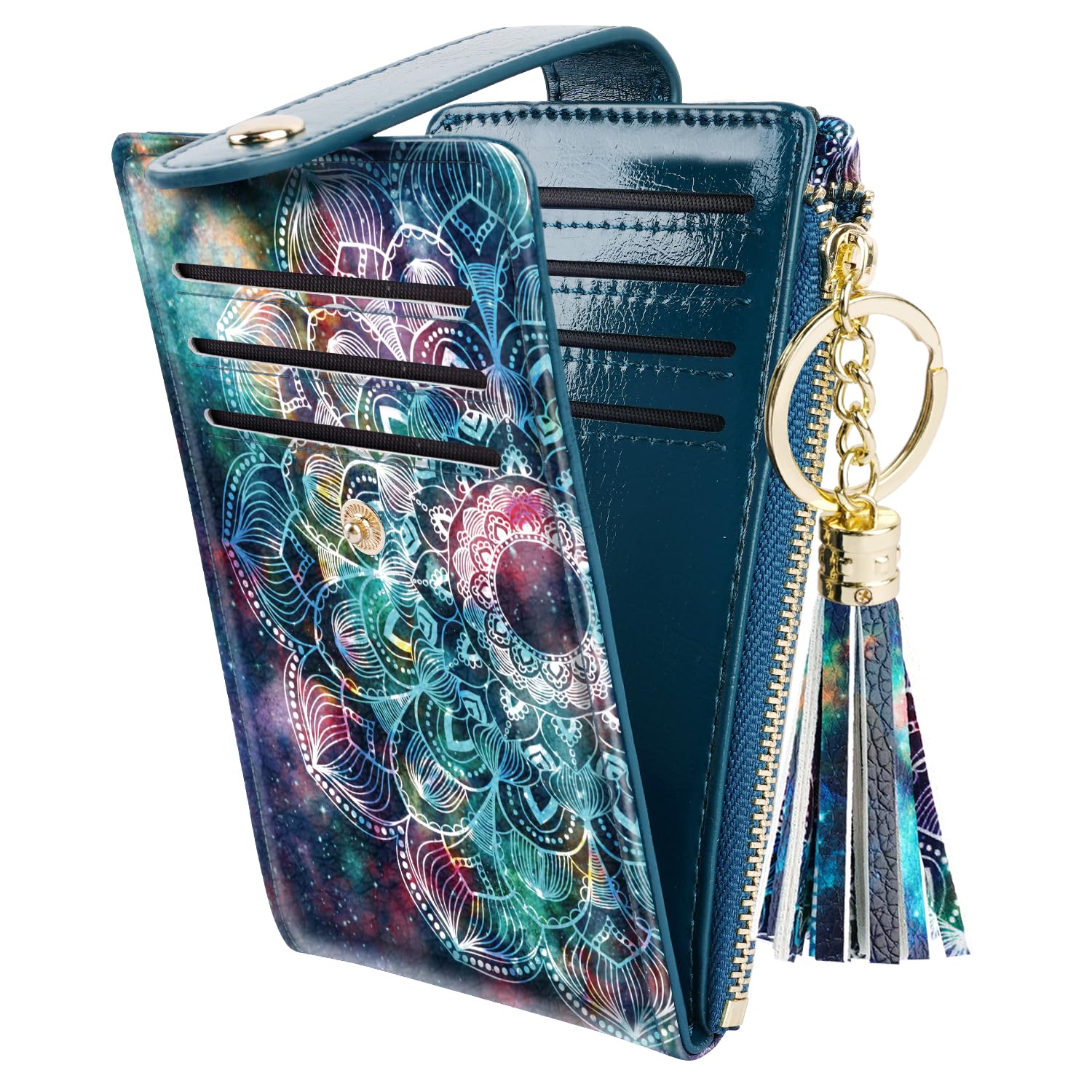 Simikol Slim Card Holder Wallet for Women RFID Blocking Leather Multi Card Bifold Wallet with Tassel Zipper Coin Pocket,Mandala