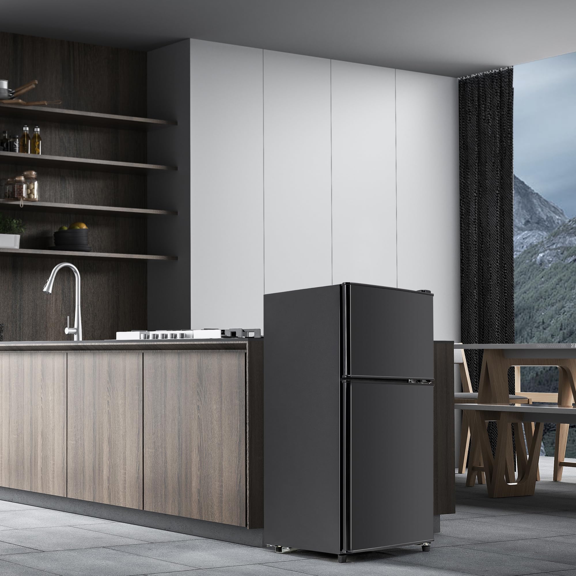 Kompaktowa lodówka z zamrażarką 60L, mała dwudrzwiowa wolnostojąca 86x45cm, chłodziarka 38L + zamrażarka 22L, klasa E 102 kWh/rok, -27°C do 13°C, 45 dB, LED, czarna elegancka