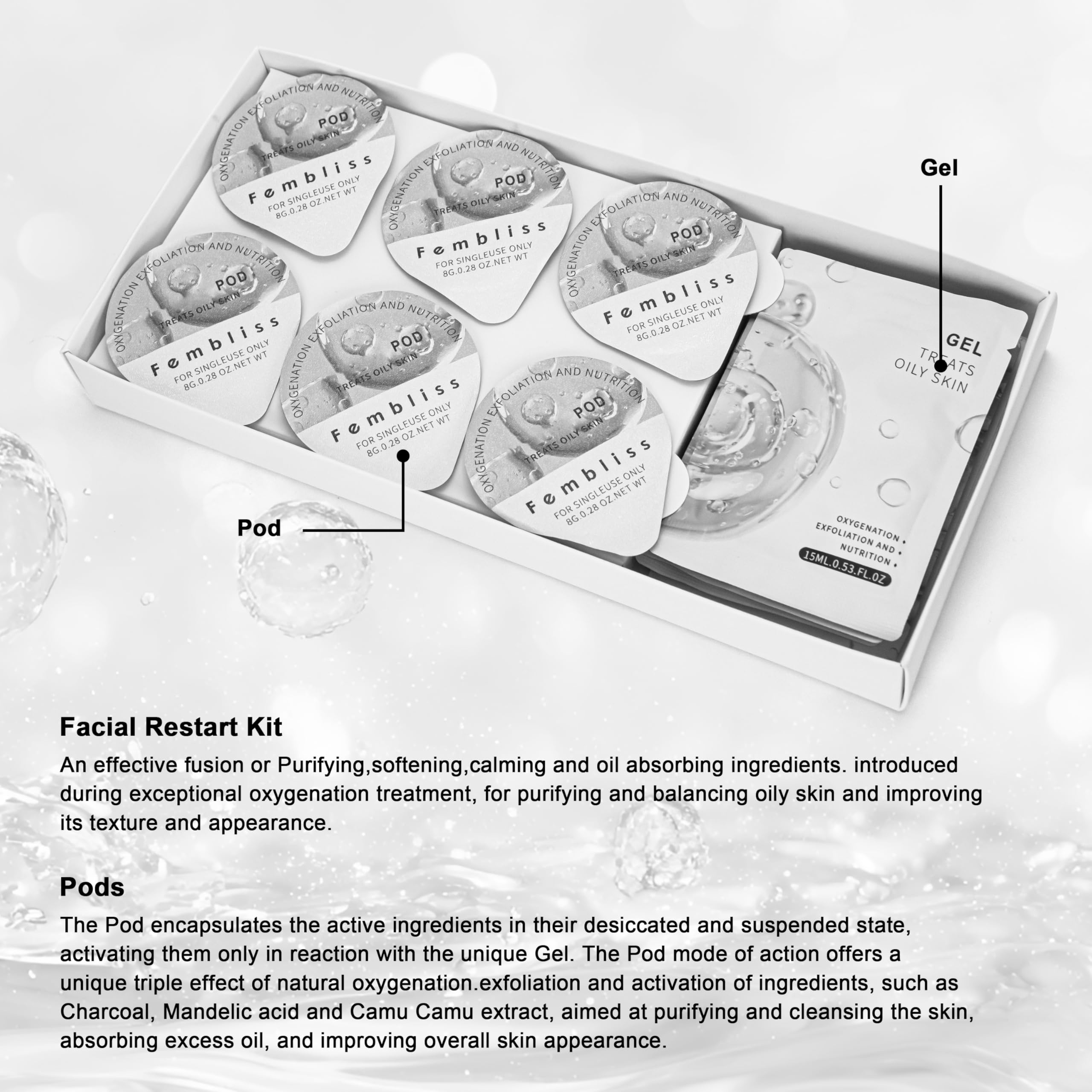 Kit facial CO₂ Elitzia - 6 ensembles/boîte pour machine faciale à oxygène CO₂, régulation des peaux grasses et amélioration de la texture de la peau ETDGEL7 (Formule Régulatrice)