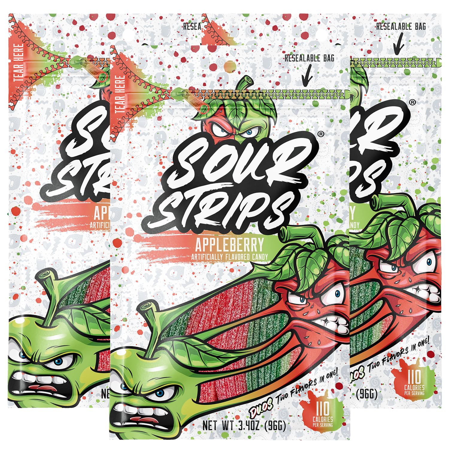 SOUR STRIPSSour Candy Belts, Appleberry, Resealable Candy Bags, 3.4 Ounce (Pack of 3)
