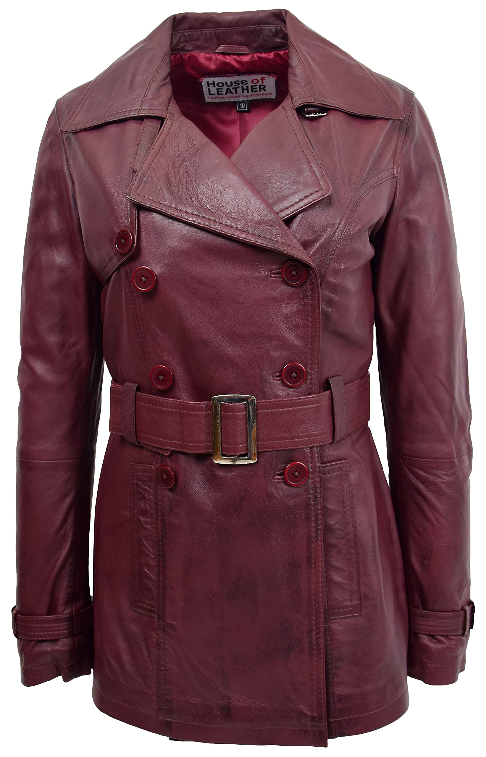 Womens Real Leather Double Breasted Mid Length Trench Coat Sienna (14, Burgundy)