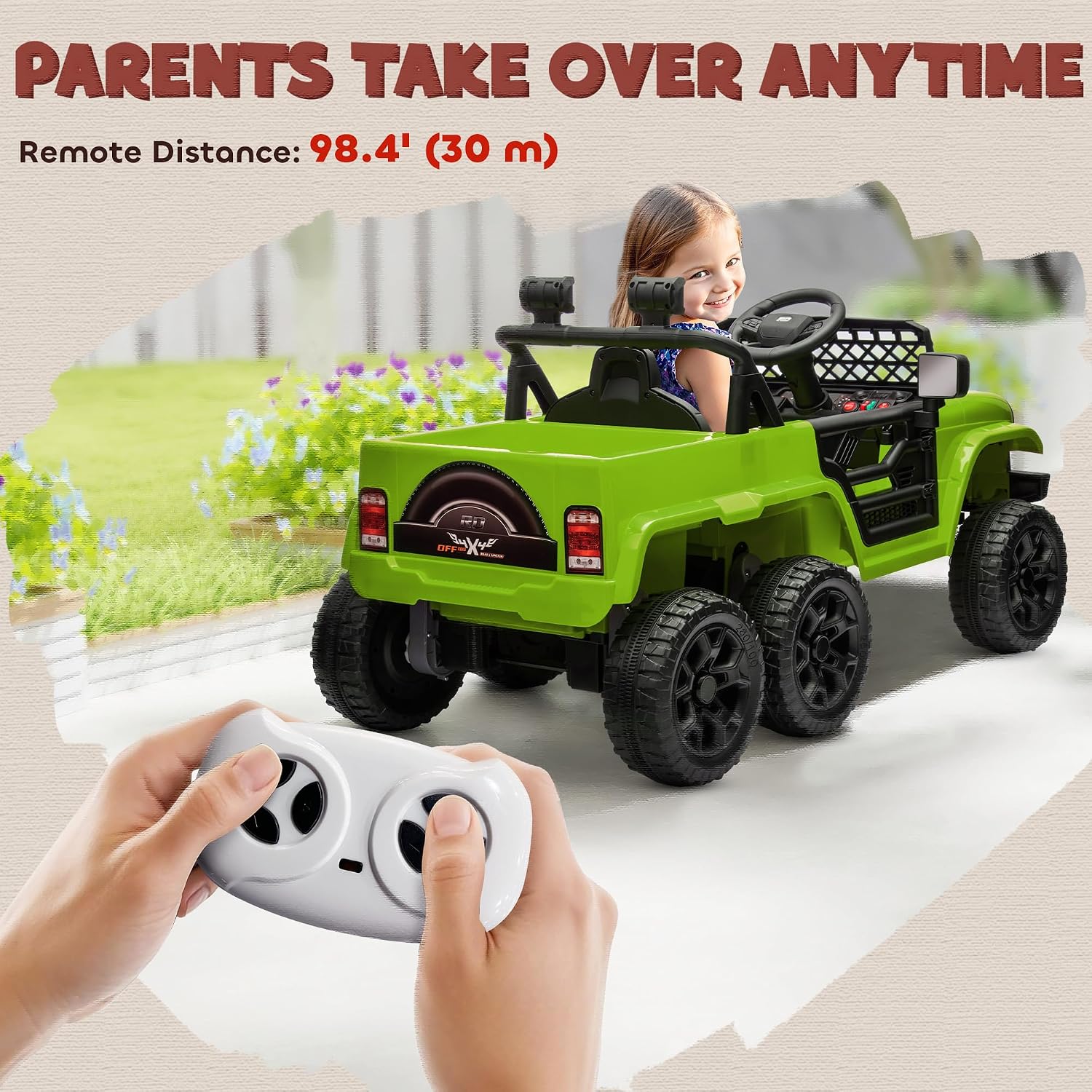 Qaba 12V 4x4 Kids Ride on Truck with Back Trailer, 2WD/4WD Switchable Kids Electric Car with Parent Remote Control, Spring Suspension System, Soft Start, Music, LED Bulbs, Horn, Green