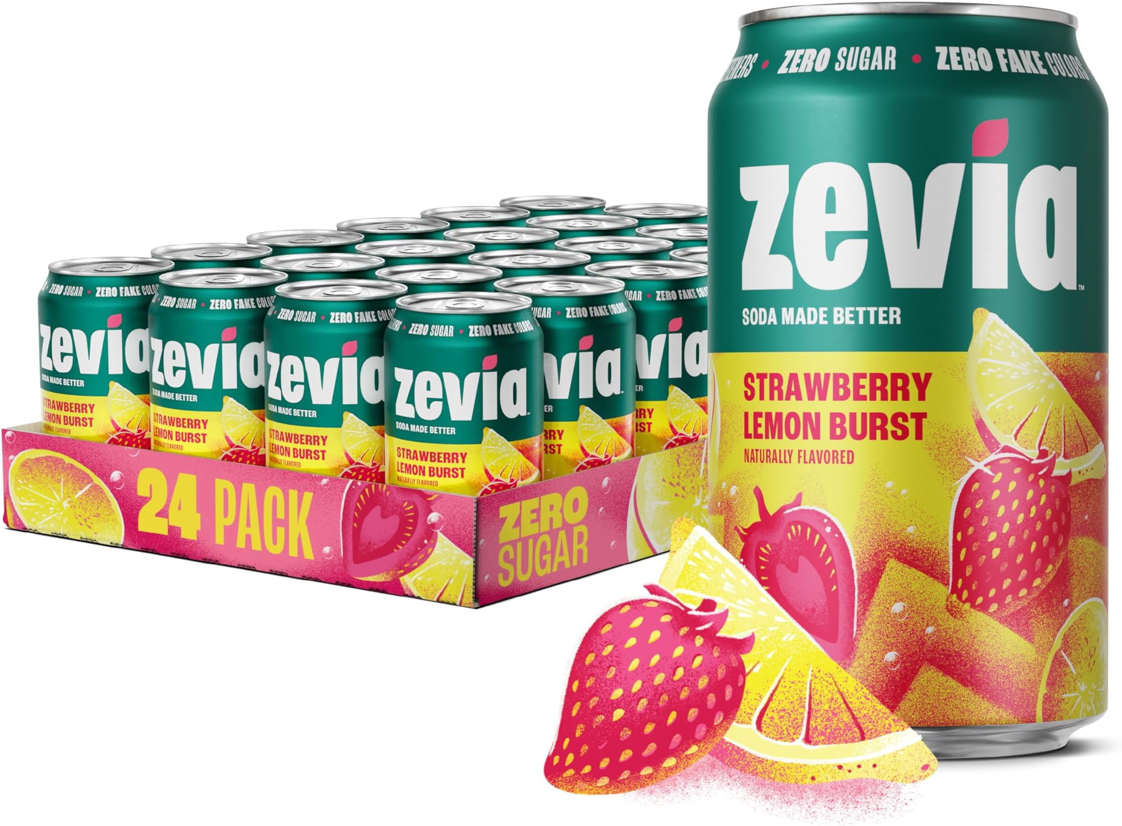 Zevia Zero Sugar Soda, Strawberry Lemon Burst, 12 oz Cans (24-Pack) – Naturally Sweetened, Zero Calorie Sugar Free Soda - Non-GMO Project Verified, Gluten-Free, Vegan