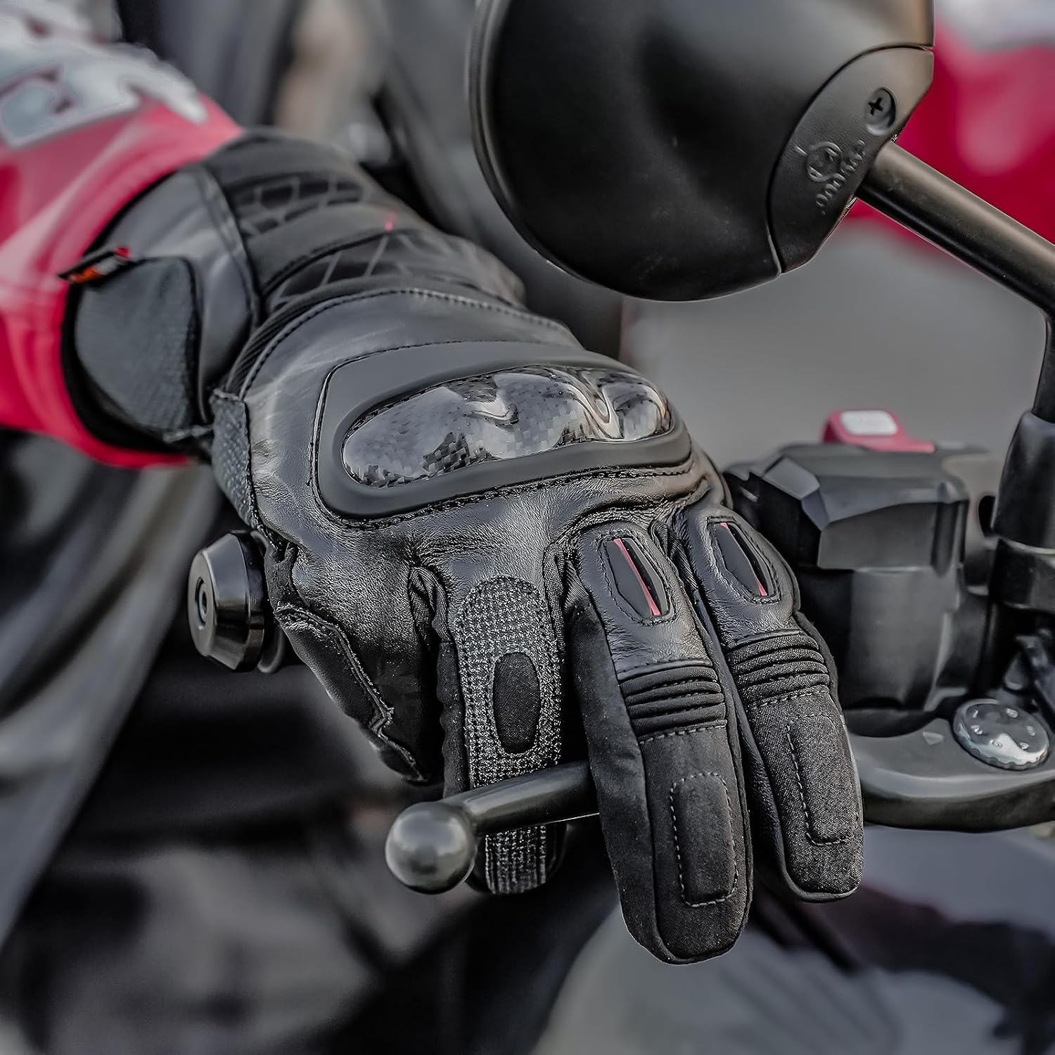 DUHAN Motorcycle Gloves for Men Women, Winter All-Weather Leather Gloves with Carbon Fiber Knuckle Protection and Touchscreen Fingertips - Image 2