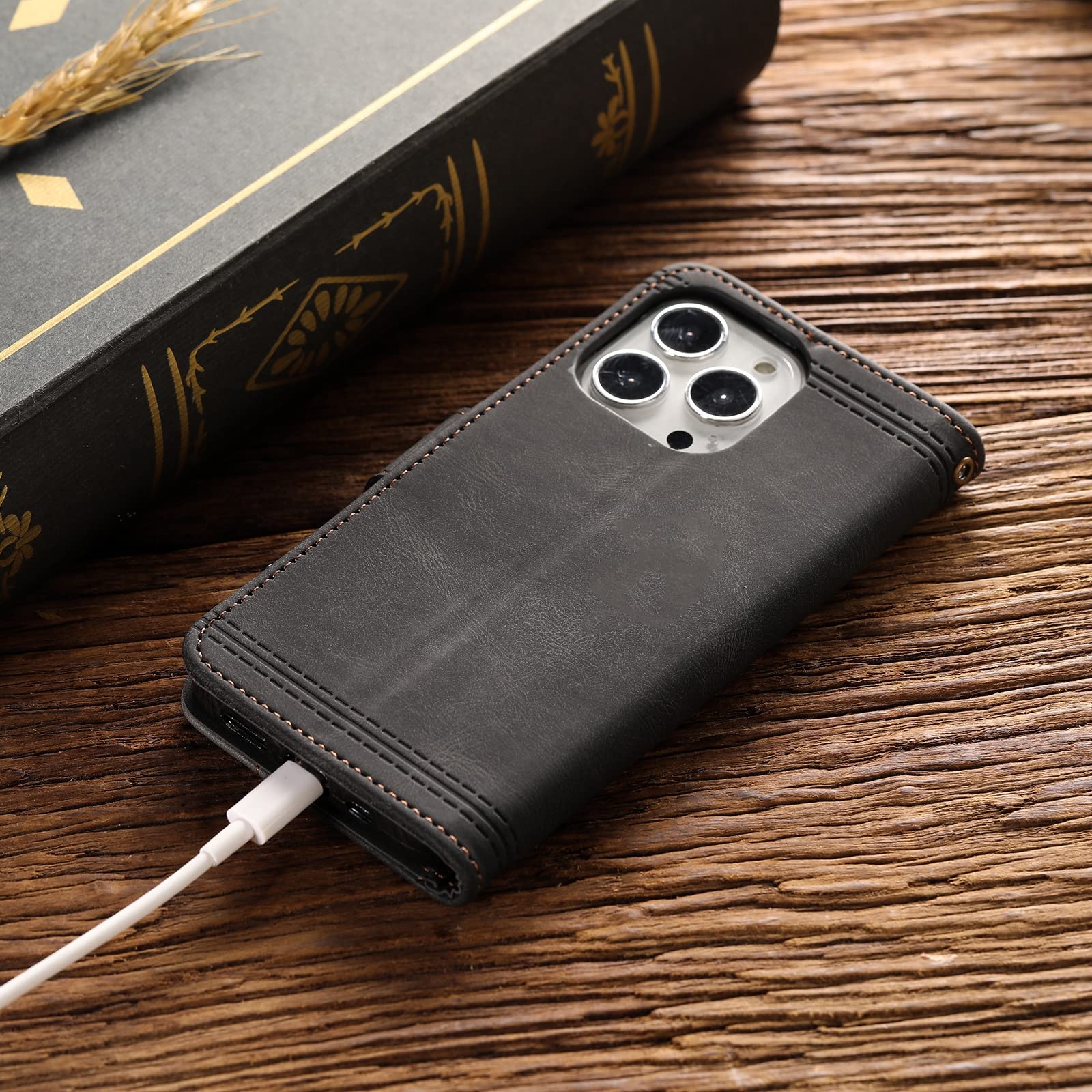 LTL Etui do iPhone 13 Mini/13/13 Pro/13 Pro Max, skóra PU pokrowiec z klapką z przegródką na karty, pasek na nadgarstek, magnetyczne zamknięcie, wbudowana podpórka etui ochronne, czarne, 13 Pro 6,1"
