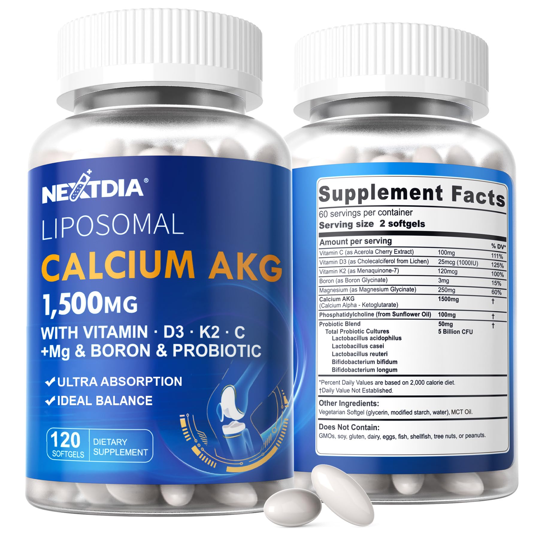 Liposomal Calcium AKG Supplement 1500mg with Vitamin D3 K2, 240 Softgels 120 Count (Pack of 2)