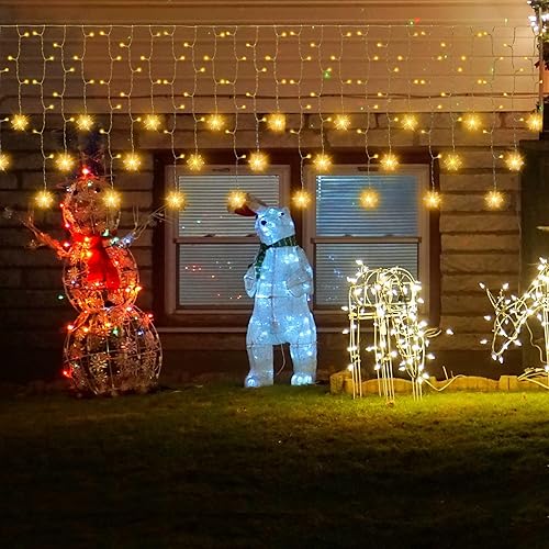 Miniatura 7 de weillsnow Decoraciones de Navidad, 360 luces LED de carámbano con copo de nieve, 29.5 pies, 72 gotas de luz de carámbano con 8 modos, tira de luces