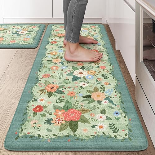 Miniatura 13 de KIMODE Tapetes de cocina para suelo antifatiga, color beige, bohemio, alfombras de cocina antideslizantes, tapetes acolchados de espuma Beige,Azul