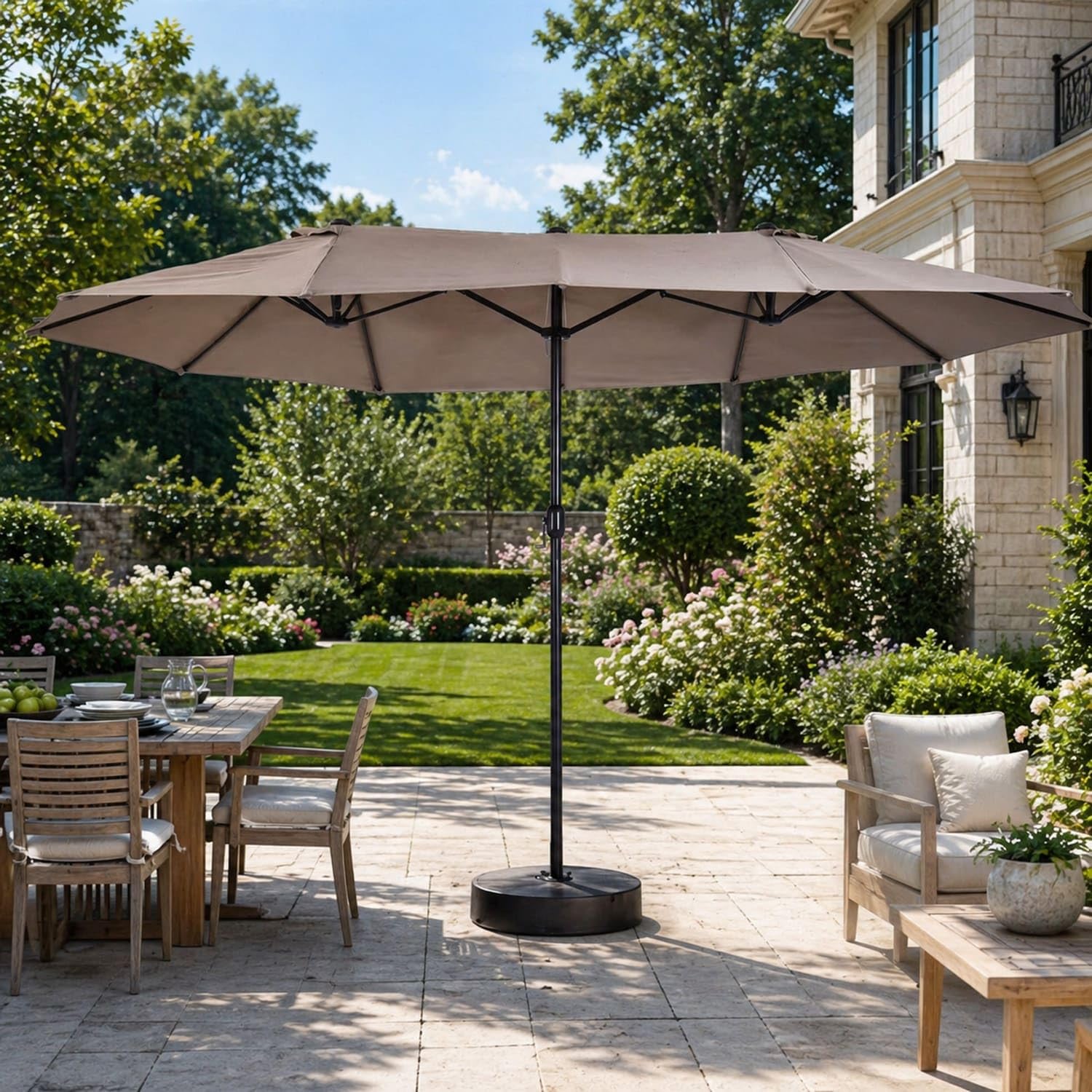 Ombrellone Doppio Da Giardino Parasole 4.6 x 2.4 M Per Esterno Piscina Terrazzo Con Palo In Acciaio E Tessuto In Poliestere Impermeabilie Anti UV Apertura A Manovella Colore Caffè