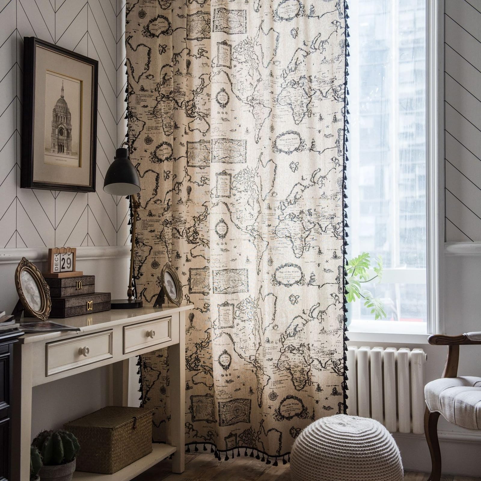 Cortinas de mapamundi KnSam para vestir ventanas aburridas, algodón con borlas de 150x180 cm