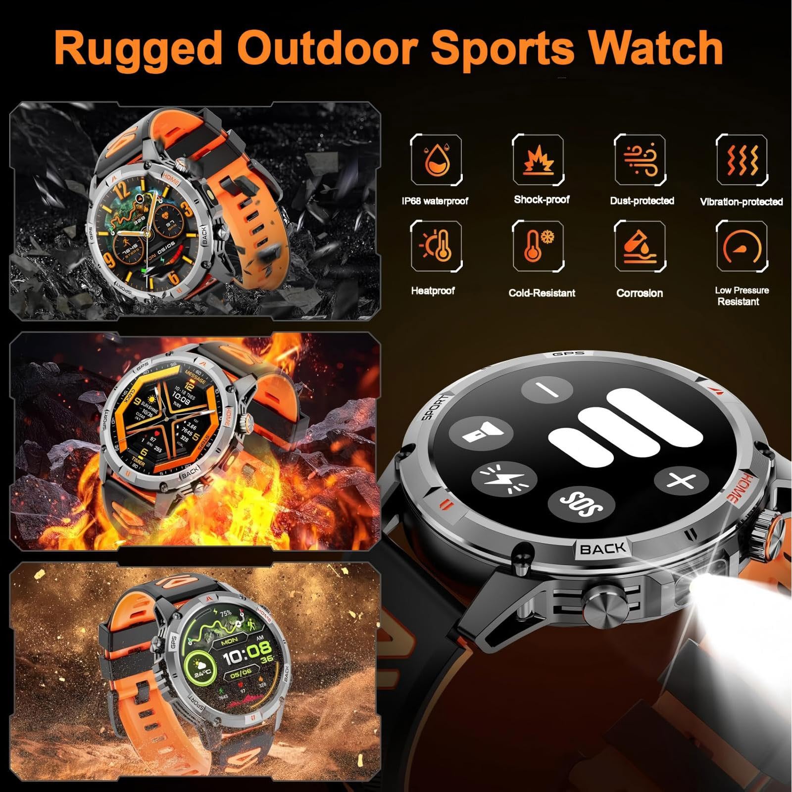 Smart Watch da uomo con batteria di 7 giorni e GPS integrato, orologio fitness rotondo da 1,44 pollici, cardiofrequenzimetro/SpO2/monitoraggio del sonno, impermeabile IP68, compatibile con