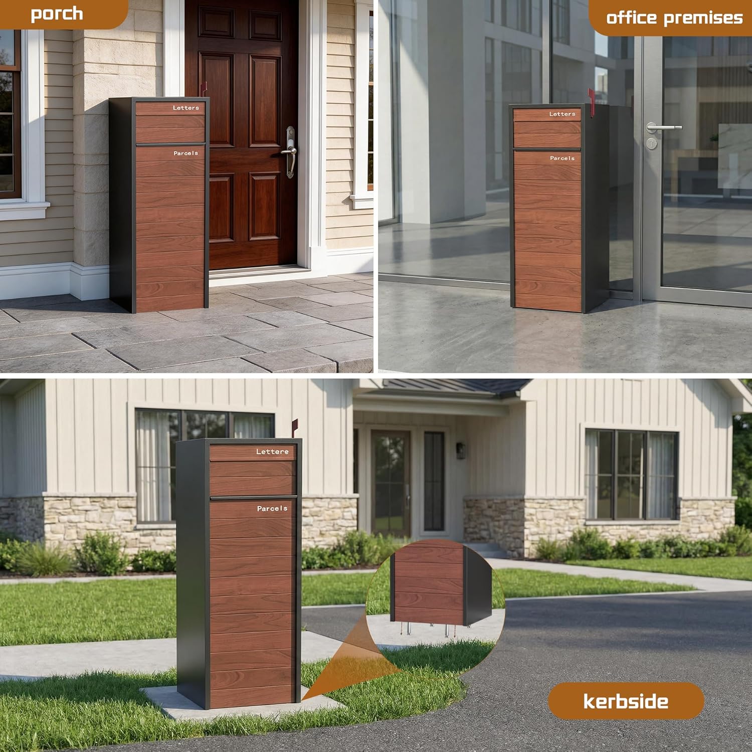Merapi Large Parcel Drop Box for Outside – Fully Assembled Package Delivery Box with Rear Access – Weather-Resistant Galvanized Steel Locking Mailbox for Porch & Curbside (Oak-Grain Steel)