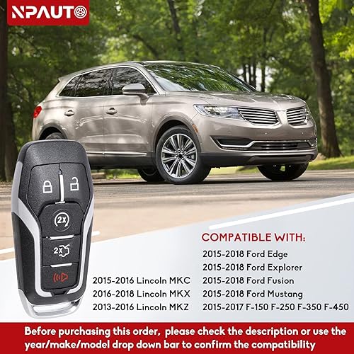 Miniatura 3 de NPAUTO Funda de repuesto para llavero Ford F150 F250 F350 Fusion Explorer Edge Mustang Lincoln MKX MKZ MKC 2013-2017 Control remoto de entrada sin