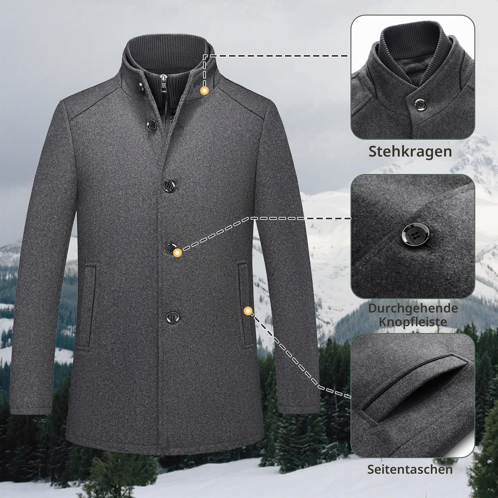 KUDORO Herren Wintermantel Wolle Mittellang Wollmantel mit Stehkragen Slim Fit für Business Freizeit Peacoat Casual(Grau,XXL)