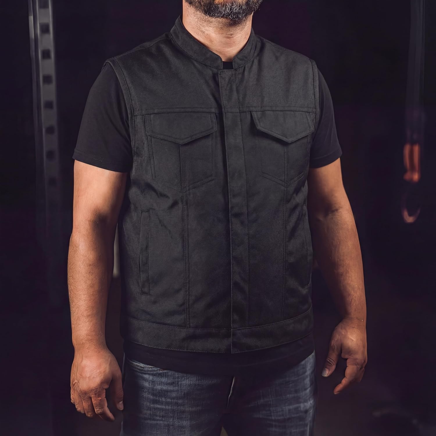 Mens Black Textile Motorcycle Vest SOA Club Style Vest w/Front Zipper and Snap Closure (Textile-SOA, X-Large)