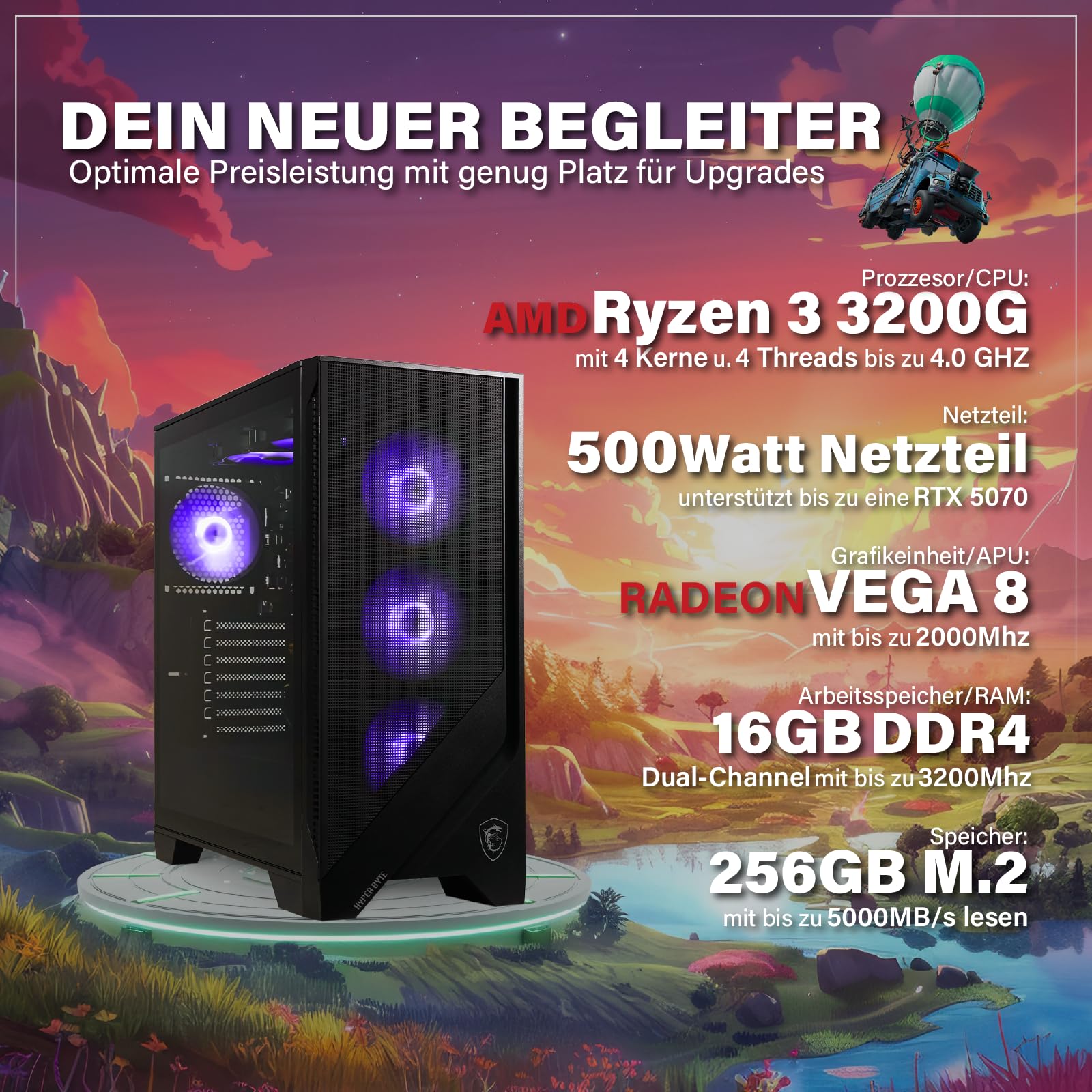 HYPER BYTE® Essential Gaming PC - Computer mit AMD Ryzen 3 3200G mit 4,0 GHz | Vega 8 | 16GB DDR4 RAM | 256GB SSD | Gamer Tower Desktop | USB 3.0 | WLAN | Windows 11 Pro