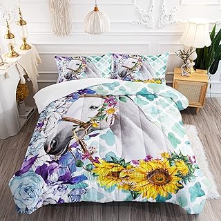 XYNHML Kid Sunflower Horse Comforter Set 3Pcs Rose Butterfly Retro Horse Bedding Set for Boys Girls Adult, 1 Comforter + 2 Pillowcases