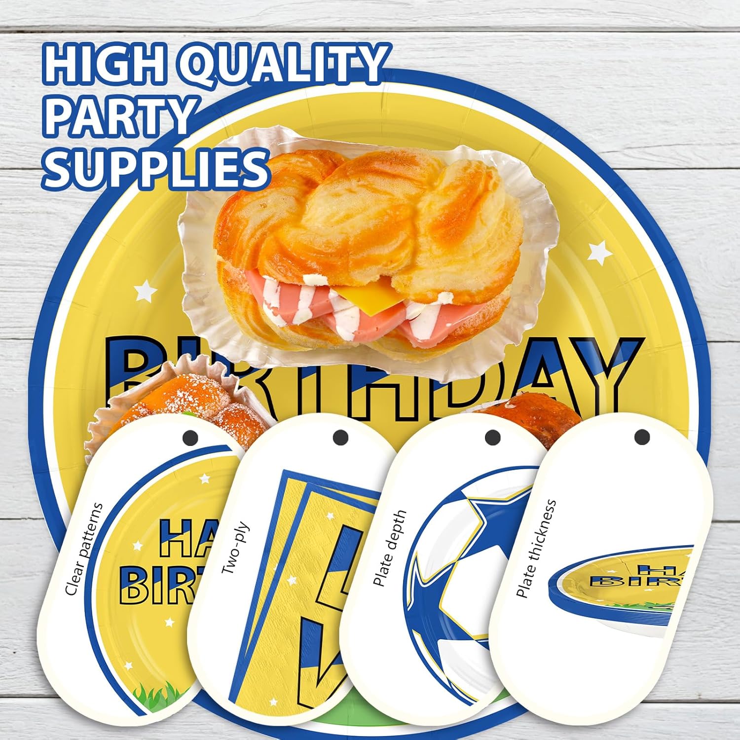 96Pcs Soccer Birthday Party Supplies Blue Yellow Football Plates and Napkins Blue Gold Soccer Star Champion Tableware Set for Football Fan Birthday Baby Shower Sport Party Supplies Serves 24 - Image 6