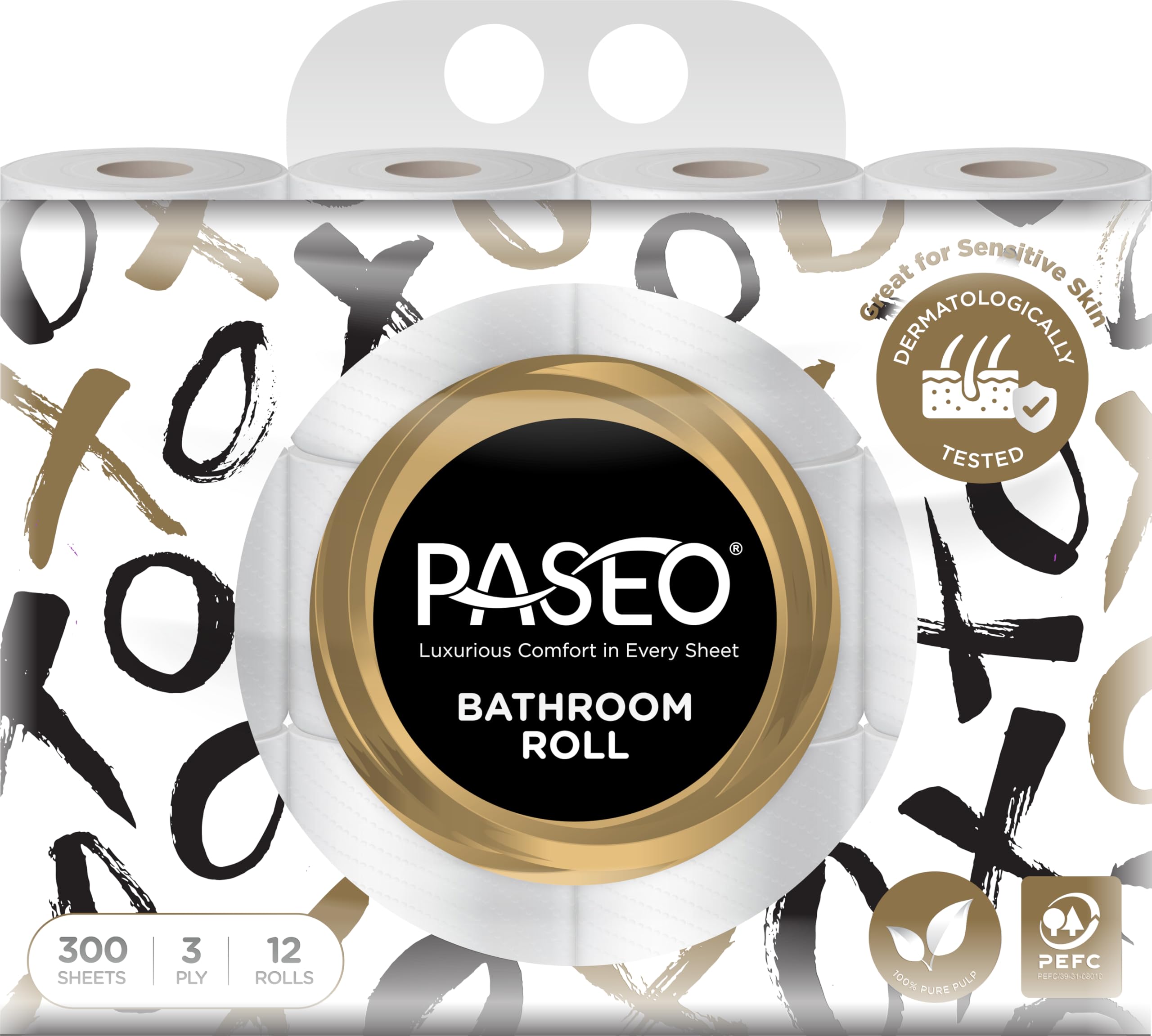 Paseo Bathroom Tissue Roll | 12 Rolls Pack | 3 Ply, 300 Sheets Each | Soft, Strong & Absorbent Toilet Paper | Great for Sensitive Skin, Dermatologically Tested